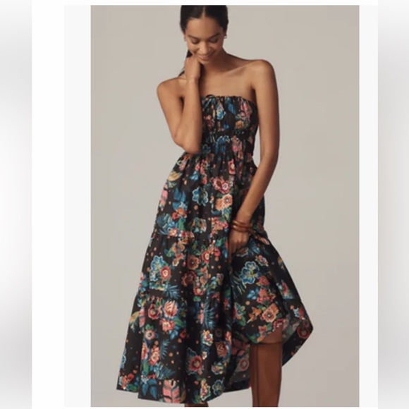 Anthropologie Dresses & Skirts - Anthropologie Black Strapless Maxi Dress with Pink, Purple & Yellow Floral Print